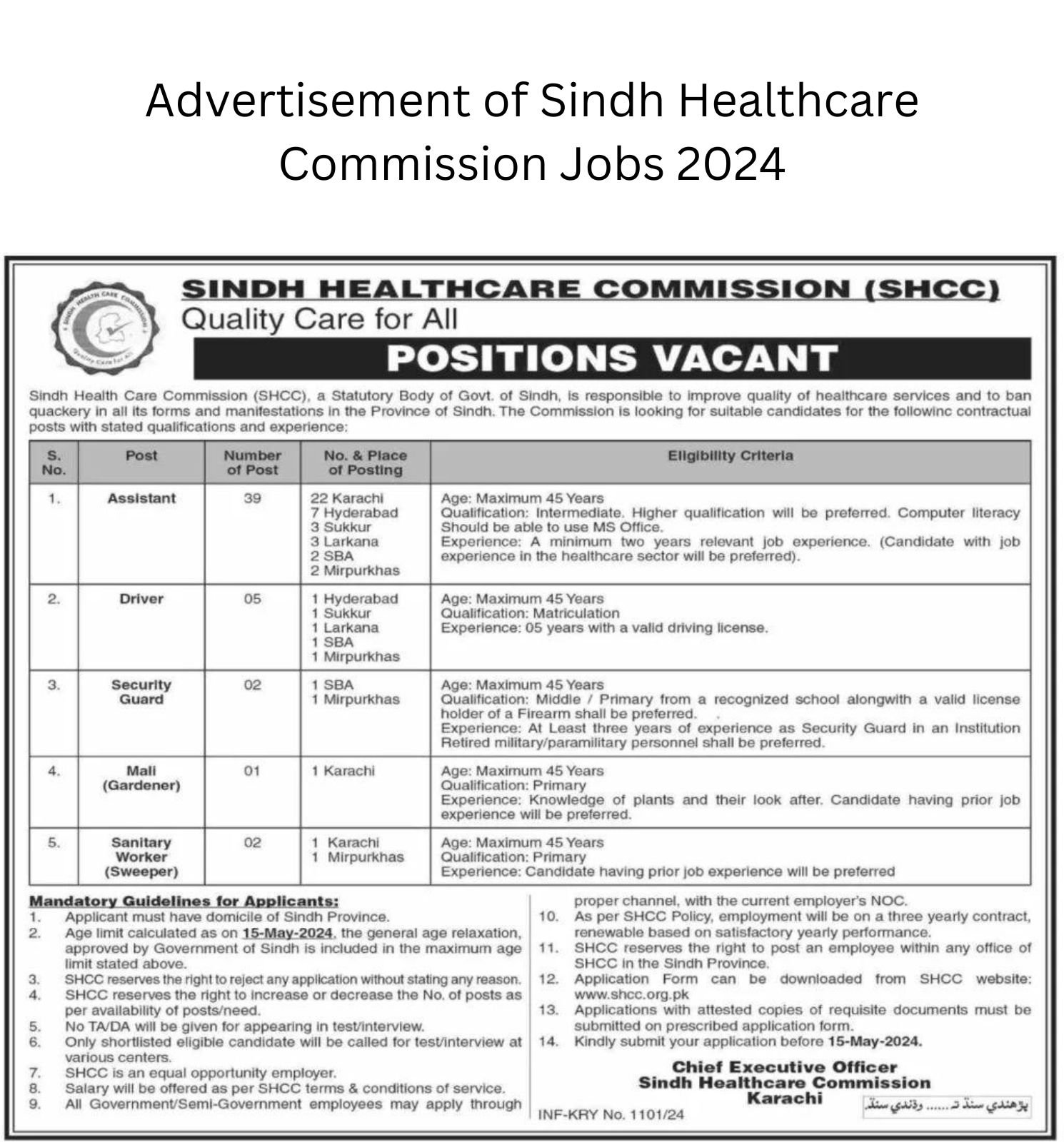 Advertisement of Sindh Healthcare Commission Jobs 2024 