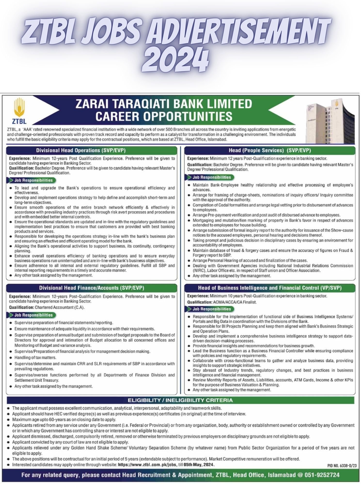 ZTBL Jobs Advertisement 2024 pdf 