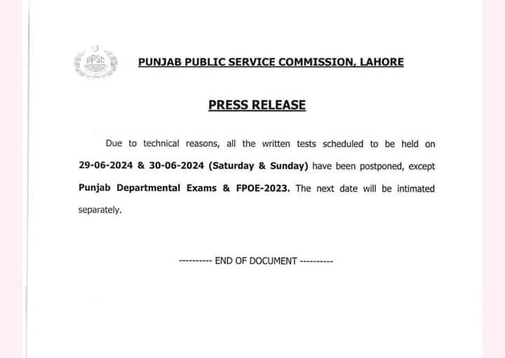 Notification for Postpones of PPSC Written Tests 